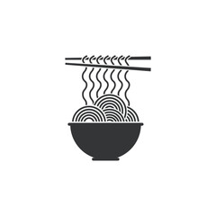 Black silhouette icon with ramen noodles, a bowl and a pair of chopsticks