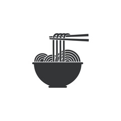 Black silhouette icon with ramen noodles, a bowl and a pair of chopsticks