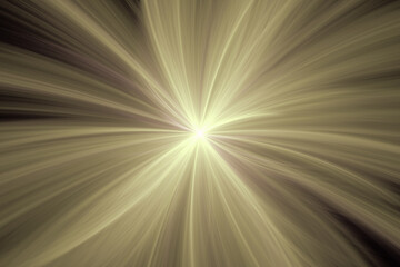 Yellow glowing pattern of crooked rays from the center on a black background. Abstract fractal 3D rendering