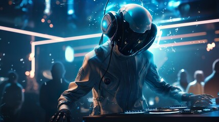Obraz na płótnie Canvas dj wearing a space outfit in a futuristic dance club
