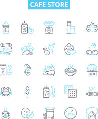 Cafe store vector line icons set. Cafe, Store, Coffee, Drinks, Food, Bakery, Desserts illustration outline concept symbols and signs