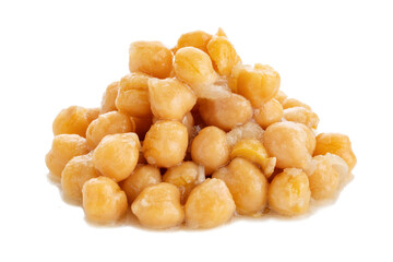 A group of canned chickpeas are isolated on a white background. 