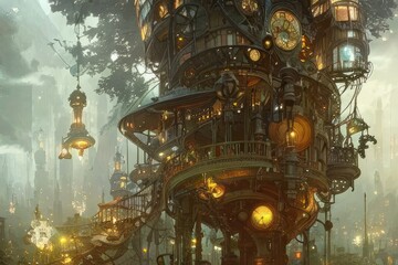 Fototapeta na wymiar Treehouse with Lanterns in the Forest