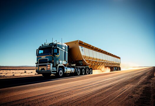 Large modern truck with two hoppers for bulk materials, gravel, grain and products driving along highway against clear blue sky on summer day. Generative AI