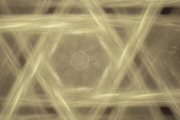 Yellow pattern of crooked waves and rays on a black background. Abstract fractal 3D rendering