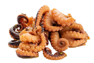 The tentacles of the pickled octopus baby are isolated on a white background. 