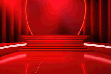 Red podium color 3D background with geometric shapes for product presentation minimal style, stage, red background.