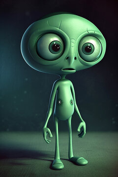 Funny green alien with big head. Generative ai