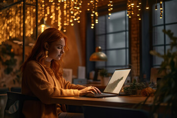 Obraz premium Body positive plus size woman using laptop in coffee shop