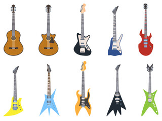 Naklejka premium Set of different guitars. Stickers with classical, acoustic, electric and bass guitars. String musical instruments for entertainment. Cartoon flat vector collection isolated on white background