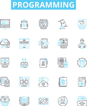 Programming vector line icons set. Programming, coding, scripting, coding language, algorithm, debugging, software illustration outline concept symbols and signs