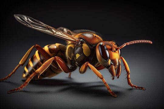 Extreme macro closeup of a hornet in nature, AI generative image
