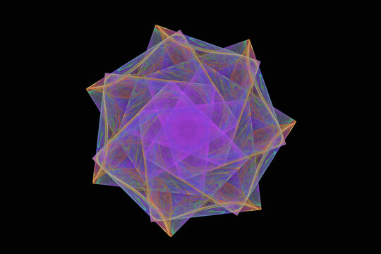 Multicolored heptagonal pattern of crooked waves on a black background. Abstract fractal 3D rendering