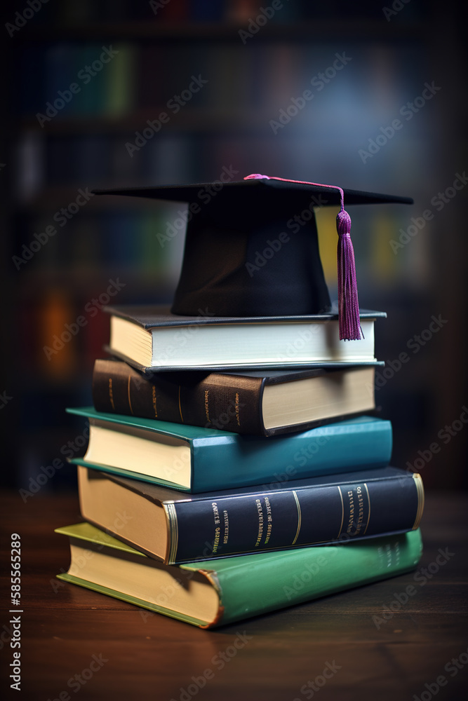 Poster graduation cap and gown at the top of tall textbooks stack, the symbol of wisdom. ai generative imag