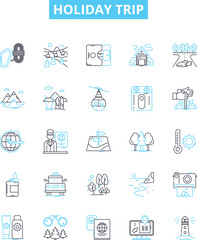 Holiday trip vector line icons set. Vacation, Travel, Journey, Getaway, Tour, Escape, Adventure illustration outline concept symbols and signs