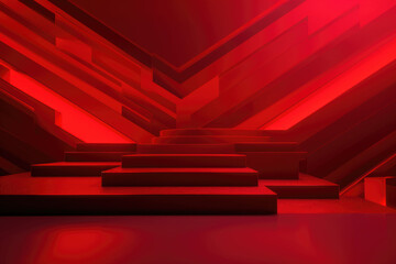 Red podium color 3D background with geometric shapes for product presentation minimal style, stage, red background.