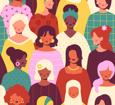 Fototapeta Seamless pattern with women. Repeating template with different multiracial beautiful girls standing together. Feminism, Sisterhood and Fight for Rights. March 8. Cartoon flat vector illustration