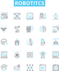 Robotitcs vector line icons set. Robotics, Automation, AI, Programmable, Machines, Autonomous, Networks illustration outline concept symbols and signs