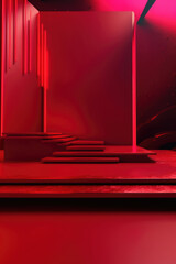 Red podium color 3D background with geometric shapes for product presentation minimal style, stage, red background.