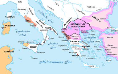 Obraz premium Territories controlled by Rome, Carthage and Greece at the time of the two expeditions of Alexander the Great; one facing east, the other facing west
