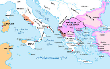 Territories controlled by Rome, Carthage and Greece at the time of the two expeditions of Alexander the Great; one facing east, the other facing west