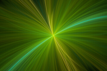 Green yellow pattern of crooked rays from the center on a black background. Abstract fractal 3D rendering