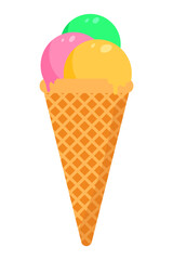 Ice cream three scoops in a cone. Strawberry, mint and vanilla ice cream in a cone. Design for posters, menus, cafes.
