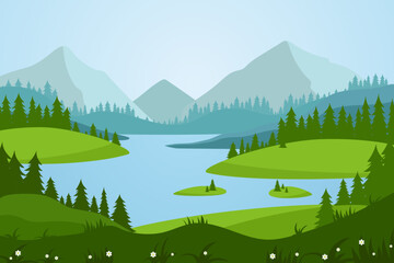Forest landscape flat vector illustration. Landscape of nature with fir trees and silhouettes of peaks, mountains on the horizon.