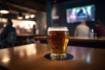 Preparation for watching the sport game.Cooled glass of beer with condensate on the wooden table. Blurred bar at the background Generative AI