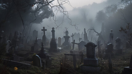 graveyard in fog  generative ai