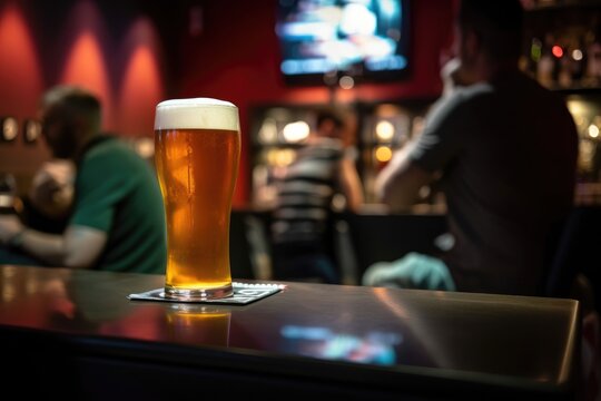 Preparation for watching the sport game.Cooled glass of beer with condensate on the wooden table. Blurred bar at the background Generative AI