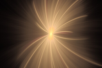 Orange glowing pattern of crooked rays on a black background. Abstract fractal 3D rendering