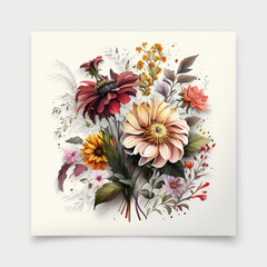 Beautiful drawn bouquet on white background. Fresh, lush, trendy and modern colorful flowers. AI generative