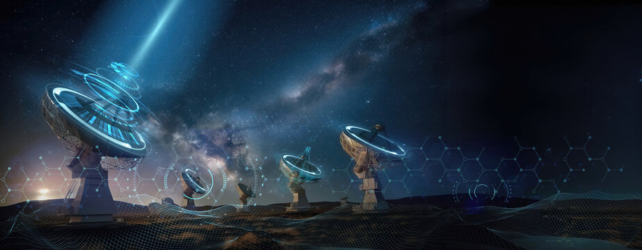 collection Set of Radio telescopes at night with starry nights releasing with hologram hud as wide banner for space research and discovery and futuristic communication concepts - Generative AI
