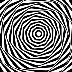 Black and white twisty pattern with moving kaleidoscope texture. Vortex pinwheel visual effect. Spiral optical illusion with waving lines