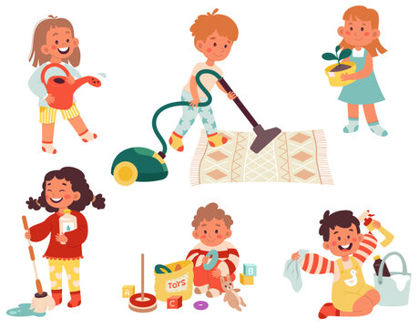 Children helpers flat illustrations set. Funny girls and boys cleaning house by vacuum cleaner, disinfect surface