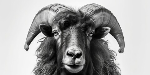black and white portrait of an aries facing the camera on white background, Generative AI