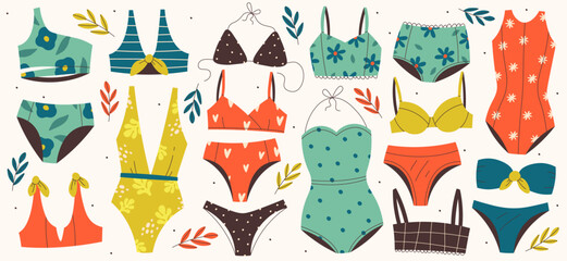 Swimwear flat illustrations set. Trendy and fashionable underwear clothes for swimming