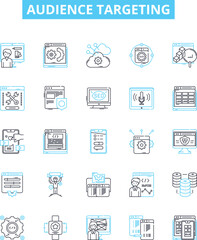 Audience targeting vector line icons set. Audience, targeting, segmentation, profiling, demographics, location, psychographics illustration outline concept symbols and signs