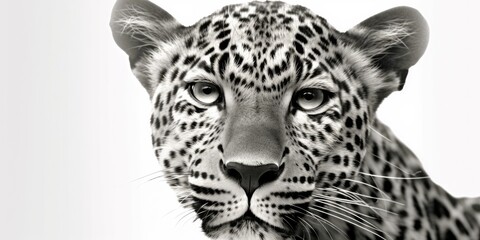 black and white portrait of a leopard facing the camera on white background, Generative AI