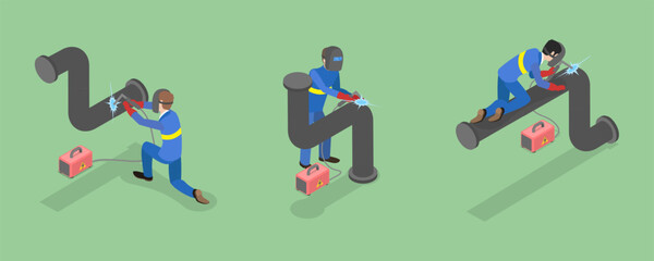 3D Isometric Flat Vector Set of Welder Workers, Professional in Protective Mask and Gloves