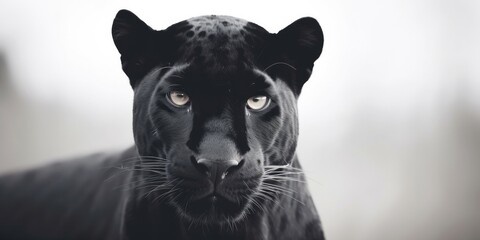 black and white portrait of a black panther facing the camera on white background; Generative AI