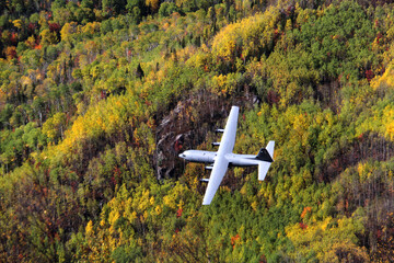 Water bomber making test run over treetops