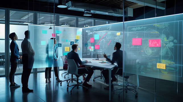 Diverse group of innovative business professionals engaged in a dynamic brainstorming session at a modern, glass-walled conference room.