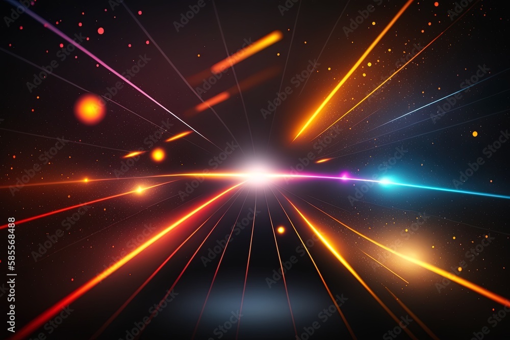 Poster ideal as a computer backdrop, this space scene has pulsating lasers in orange, red, and blue. genera
