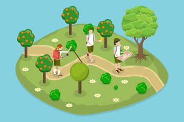 3D Isometric Flat Vector Conceptual Illustration of Scout Kids, Hiking and Camping