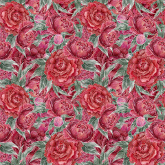 A watercolor seamless pattern of red peonies with leaves and flowers.