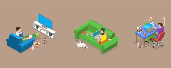 3D Isometric Flat Vector Conceptual Illustration of Sedentary Lifestyle, Bad Habits