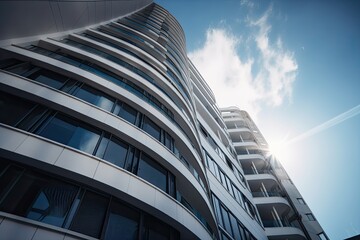 Obraz premium Modern architecture, big curved glass windowed office building. High quality generative ai