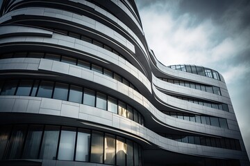 Futuristic modern architecture, big curved glass windowed office building. High quality generative ai
